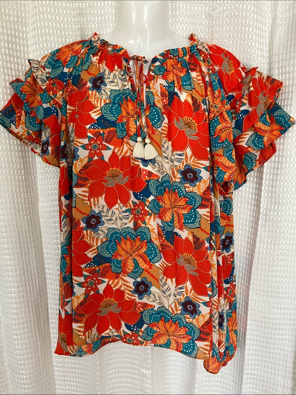 Rose + Olive 3X Floral Boho Peasant Blouse Tassel Tie Multicolor